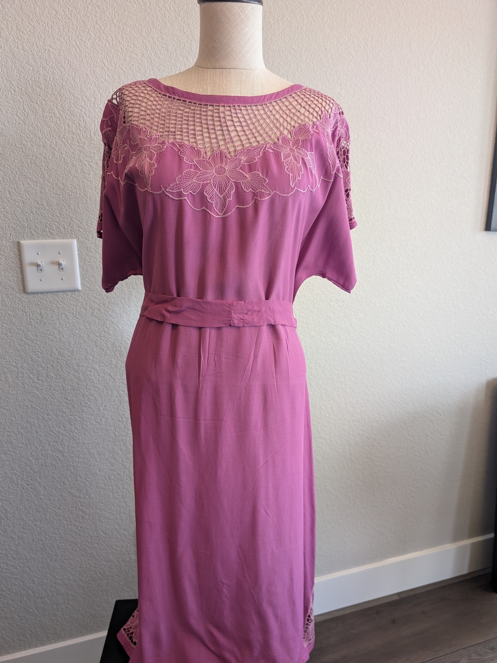 Vintage Satyuga Inc Women's Rose Pink Lace Yoke Maxi Dress Sz S/M